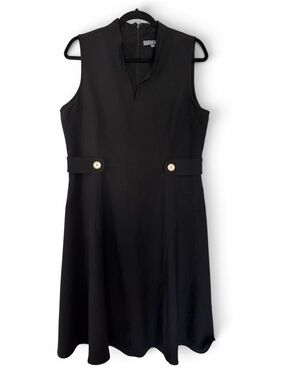 Sharagano Black Sleeveless A-Line Dress with Button Waist Tabs
